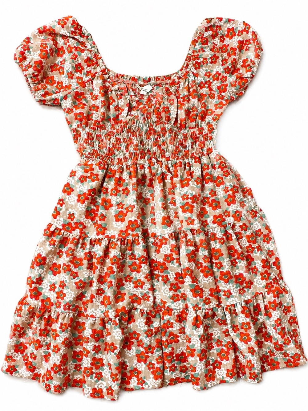 Entro women Floral Puff-Sleeve Dress in Red and Cream
